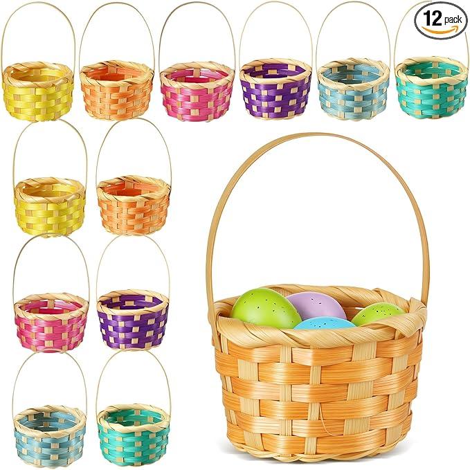 Remerry 12 Pcs Mini Woven Baskets Bulk with Handles, Colorful Small Woven Baskets for Crafts, Tiny Gift Basket for Party Favors, DIY Crafts, Spring Decor, Easter Egg Hunt