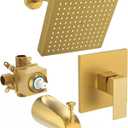 Brushed Gold Tub Shower Faucet Set With Valve, 8-Inch Square Gold Shower Head and Tub Faucet Set, Shower Faucet Set With Rain shower Head and Tub Spout, High-Pressure Tub Shower Trim Kit