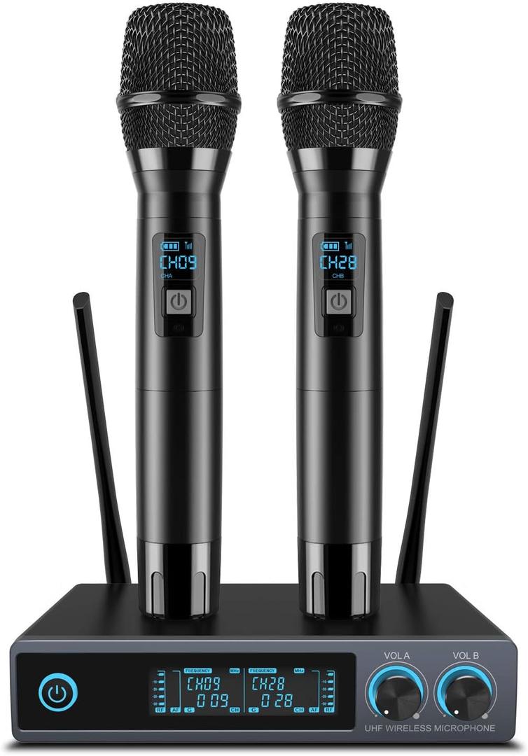 VeGue Wireless Microphone System, Metal Professional UHF Dual Channel Handheld Cordless Dynamic Mic Set for Home Karaoke,Church, DJ, Wedding, Meeting, Events, 200ft (Black1)