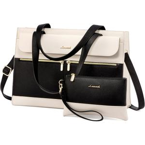 LOVEVOOK Laptop Tote for Women - 15.6 Inch Professional Leather Computer Briefcase - Waterproof Shoulder Bag - Large Capacity Business & Office Bag (Black/Beige)