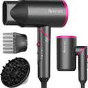 Hair Dryer with Comb | 1800W Blow Dryer with Diffuser for Curly Hair | Plasma Ionic Hairdryer for Frizz Control | Foldable & Protable Design for Travel | 6.5 ft ALCI Cord for Women and Men (Gray)