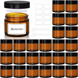 Amber 2oz Glass Jars with Lids - 24 Pack Brown Small Cosmetic Containers with Stickers & 2 Spoons, Wide-Round Smooth Mouth, Sealable for Creams, Lotions, Body Butter, Travel Samples