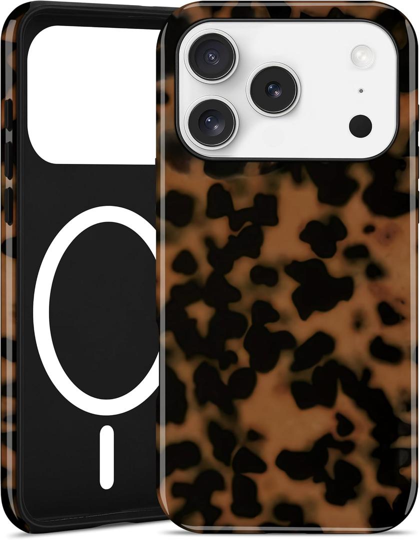 Jusy Compatible with MagSafe Brown Tortoise Shell Print Phone Case for iPhone 17 Pro, Amber Trendy Luxury Magnetic Soft TPU and Hard PC Protective Phone Cover for Women Girls - Black
