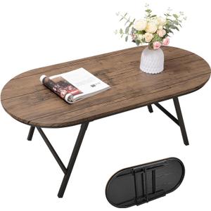Folding Coffee Table for Small Spaces Wood and Metal Oval Coffee Table Portable Low Coffee Tables for Living Room, Home, Office, Light Brown