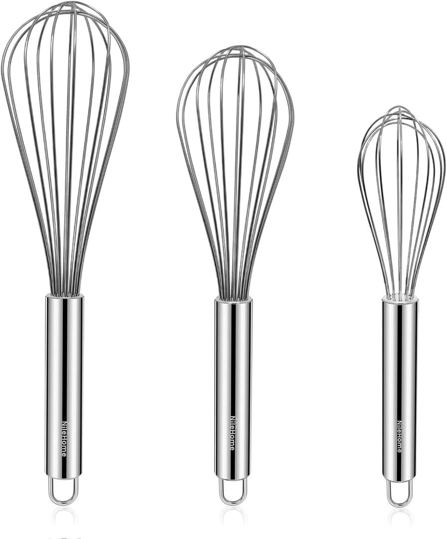 NileHome Stainless Steel Whisk Set 8" 10" 12" Kitchen Whisk Balloon Whisk Kitchen Wisk Wire Whisks for Cooking, Whisking, Blending, Beating, Stirring-3 Pack (Silver-3P)