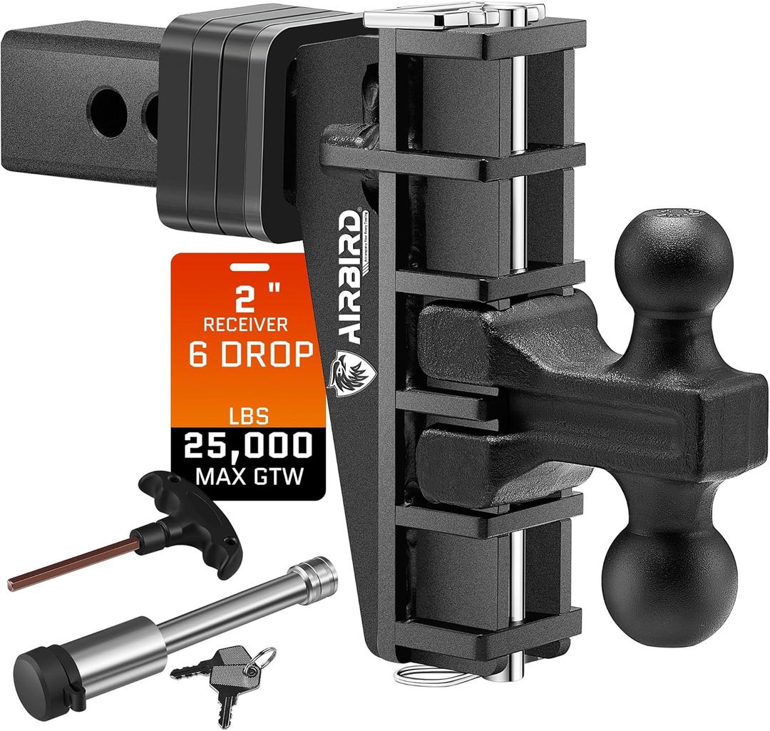 Airbird Adjustable Trailer Hitch Fits 2 Inch Receiver, Heavy Duty Tow Hitches 6 Inch Drop Truck Hitch (25000 LBS GTW), 2 and 2-5/16-Inch Balls, Black
