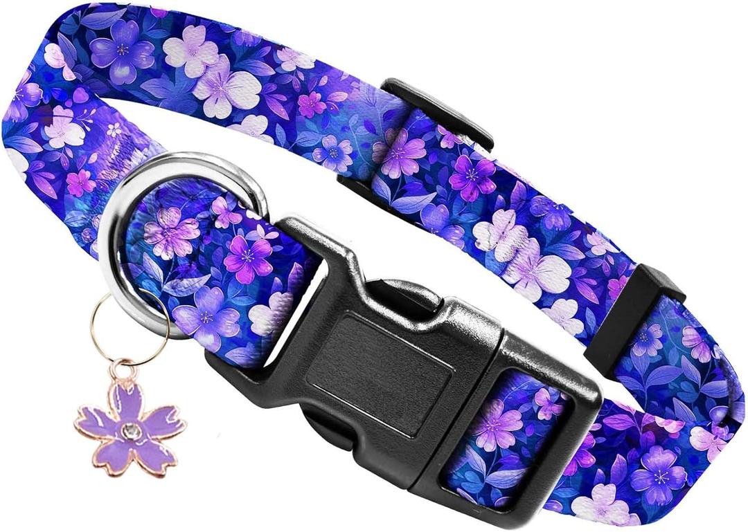 Kazazoo Dog Collar Cute and Soft Nylon Puppy Collar Girl, Adjustable Dog Collars for Medium Large Dogs, Purple Flowers-L