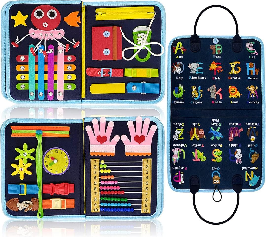 Gojmzo Busy Board Montessori Toys for Toddler Boys & Girls Gifts, Sensory Toys for Toddlers, Educational Travel Preschool Activities Learning Alphabet Count Fine Motor Skills