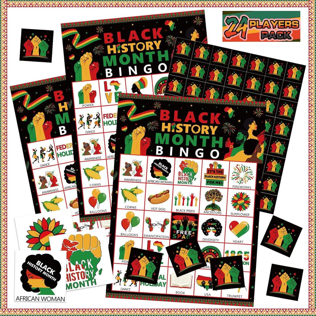 Liliful 35 Pcs Black History Month Bingo Game 24 Players Black History Bingo Cards African American Holiday Party Game for Africa American Freedom Day Party Supplies