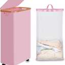 Efluky Slim Laundry Basket with Wheels, Narrow Rolling Laundry Hamper with Lid and Removable Bag, Tall Aesthetic Dirty Clothes Hamper on Wheels for Laundry Room, Bedroom, Dorm and Bathroom, 75L Pink