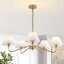 31.5" Gold Chandelier, 5-Light Brass Modern Chandeliers with White Fabric Shade, Classic Farmhouse Ceiling Light Fixture, Adjustable Pendant Light for Kitchen Island Dining Room Bedroom Entryway Foyer