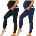 Happy.angel 2 Pack Maternity Leggings with Pockets Over The Belly, Womens Black Workout Yoga Pregnancy Pants Black/Navy Blue XX-Large