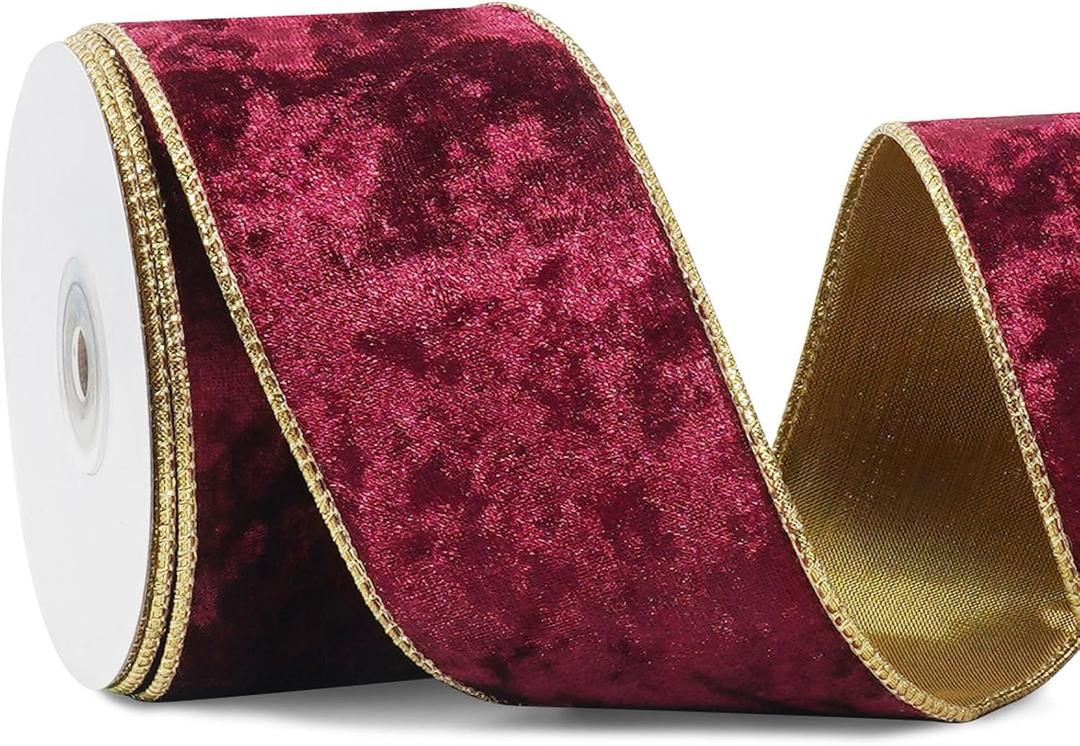 Burgundy Wired Velvet Ribbon, Maroon Christmas Ribbon Wired, 2.5 inch  10 Yards Wide Wine and Gold Ribbons for Christmas Tree Topper Bow Ornaments, Gift Wrapping, Wreaths Garland Crafts, Home Decor