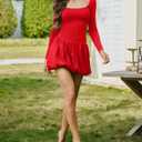 HYPERFIRE Women's Elegant Long Sleeve Scoop Neck Puff Bubble Mini Cocktail Dress Party Club (Red)