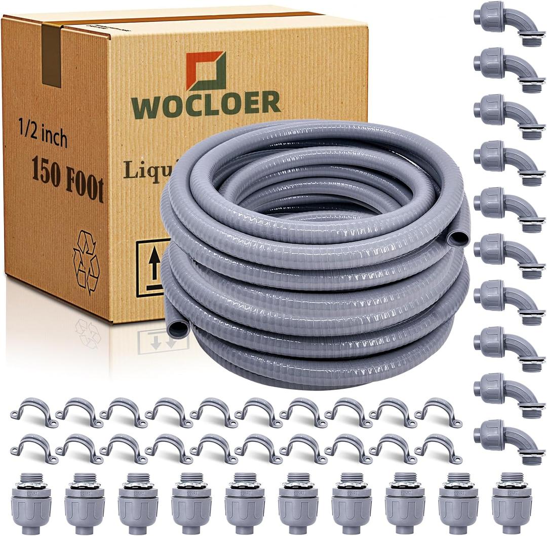 1/2 inch 150 Foot Liquid-Tight Conduit and Connector Kit, Flexible Non Metallic Electrical Conduit, With 10 Straight and 10 Angle Fittings and Pipe Strap