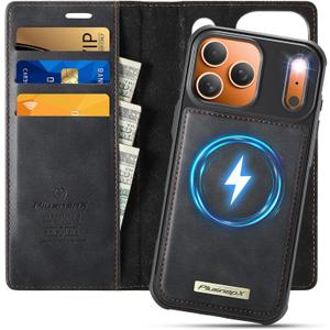 Wallet Case for iPhone 17 Pro Compatible with Magsafe, 2-in-1 PU Leather Flip RFID Blocking Card Holder Stand Shockproof Magnetic Detachable Cover for iPhone 17 Pro Case 6.3", Black