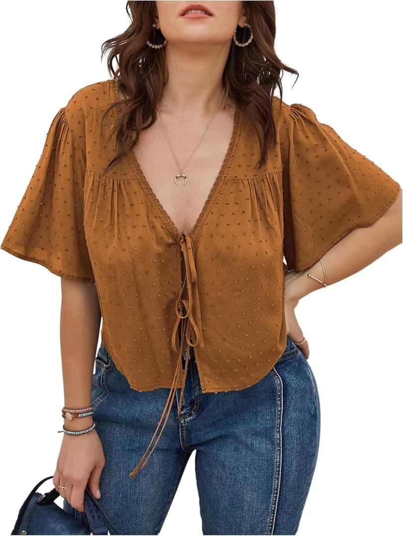 SHENHE Women's Plus Size Tie Front Tops Flounce Sleeve Deep V Neck Crop Casual Blouse Top (XL)
