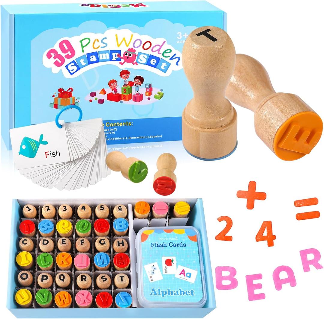 MeCids Wooden Alphabet Number Stamp for Kids - Educational Learning Toy Stamp for Playdough with 26 Letters, Numbers 0-9, Flashcards - ABC Spelling and Math Learning Toddler (Alphabet Number-39 Pcs)
