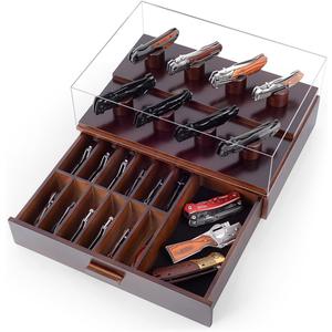 Knife Display Case, Pocket Knife Collection Display Holder, Folding Knife Wooden Showcase Display Organizer Storage with Drawers and Acrylic Cover, Surprise Gift for Men