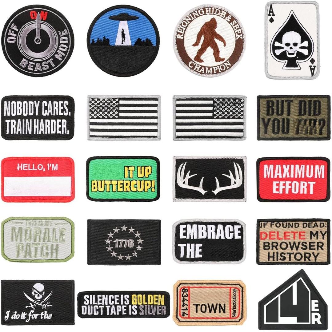 Morale Patches | Funny Military Hook & Loop Embroidered Patches for Backpacks, Collar and Vests (20-Pack) (Regular, Assorted)