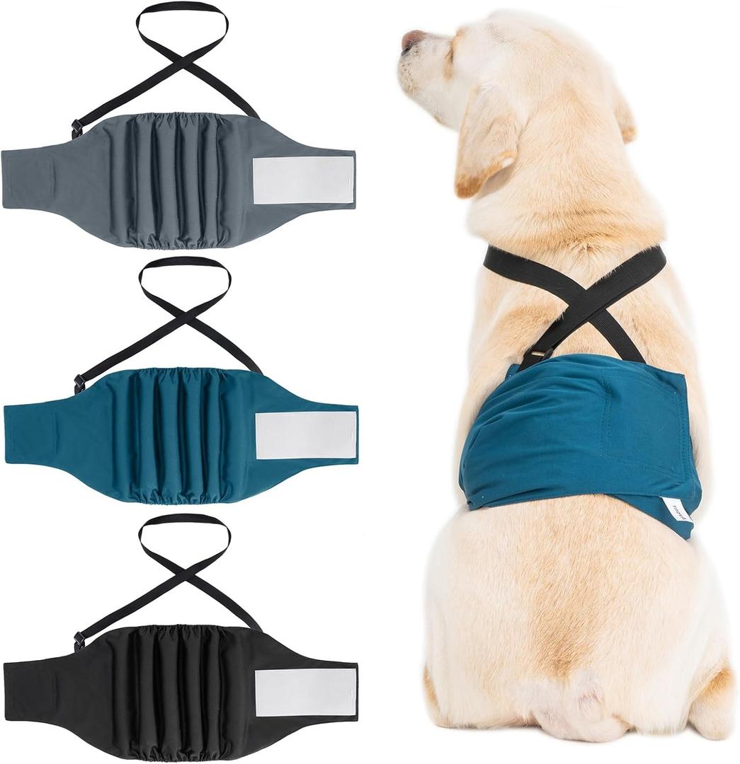 3 Pack Avont Male Dog Belly Band with Suspenders, Reusable Boy Doggie Diaper with Harness, Escape Proof, Non-Slip, Washable Doggy Pee Wraps for Small Medium Large Dogs (Black/ Dark Grey/ Navy Blue)
