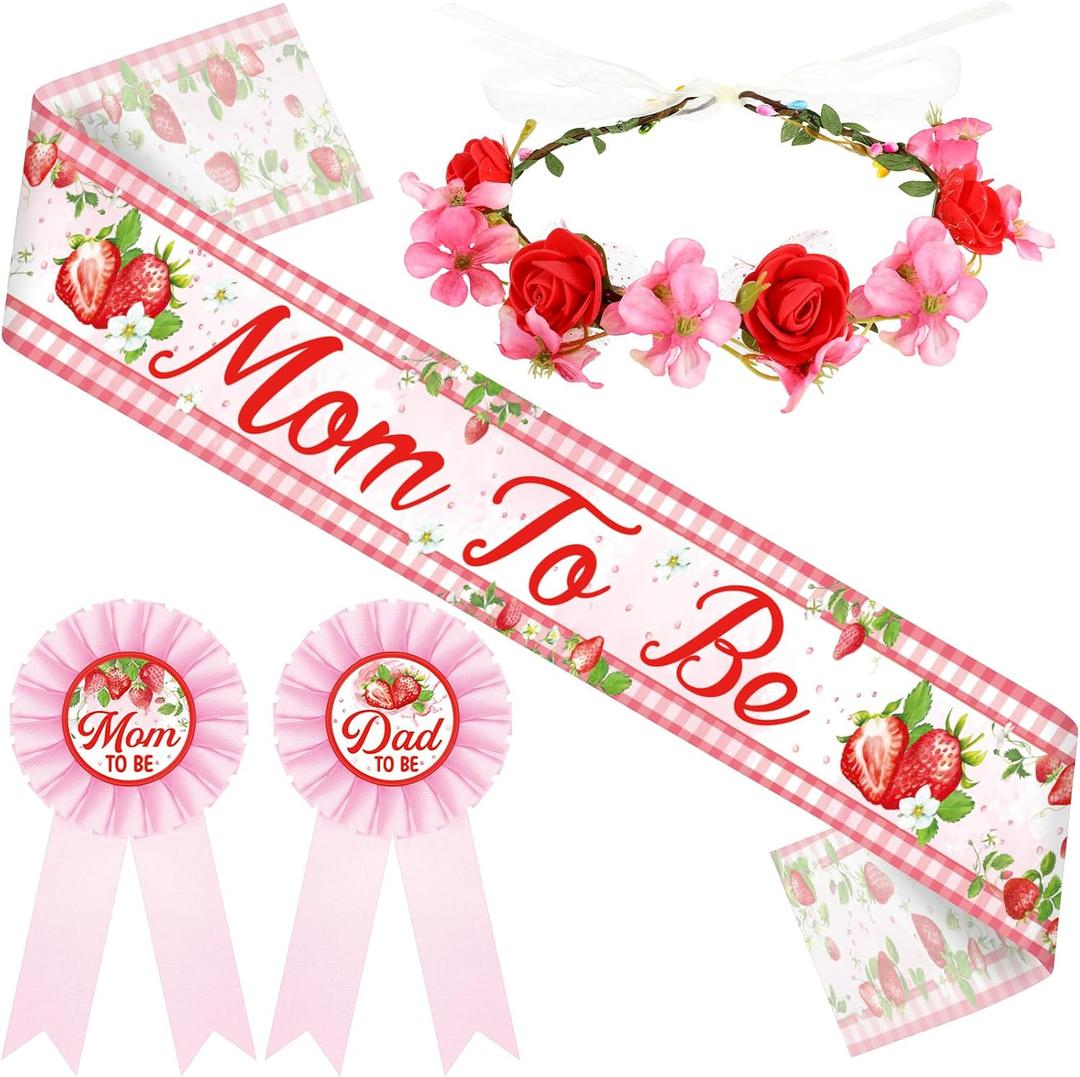 Ceenna Strawberry Baby Shower Decorations Mom to Be Sash Dad to Be Pin Flower Crown Berry Sweet Mommy Sash Baby Shower Party Favors for Girls Pregnancy Props Gift