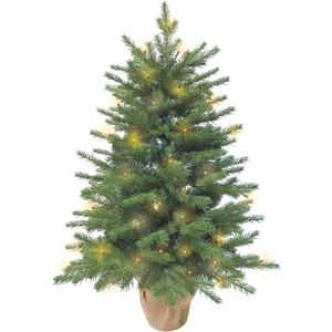 3ft Pre-Lit Mini Fir Christmas Tree,Artificial Pine Xmas Tree,106 PE Branches Tips & 84 PVC Branches Tips & UL Certification LED Lights & Burlap Wrapped Base for Tabletop Desk,Battery Operated