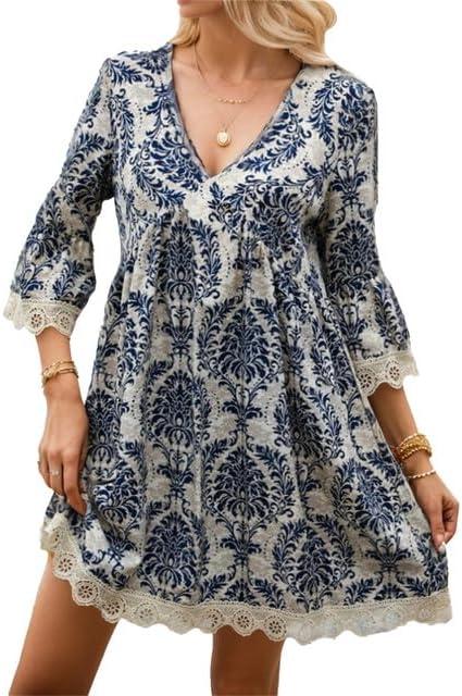 Women's Casual Flowy Boho Paisley Babydoll Mini Dress, Lace 3/4 Bell Sleeve Empire Waist A-line Swing Ruched Vacation Dresses (Blue, S)