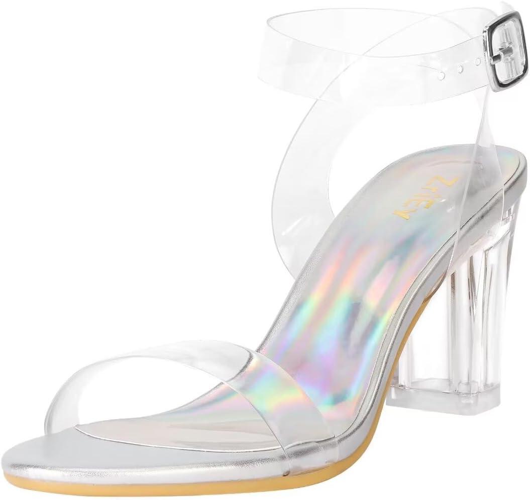 ZriEy Women's Clear Heels Chunky Block Mid High Heeled Sandals Open Toe Transparent Ankle Strap Dress Pump Shoes for Women in Daily Wear Party Wedding (8)