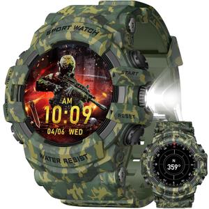 MIDDOW Military Smart Watch with Flashlight (Answer/Make Call) Compass, Heart Rate/Sleep/Sports Tracker, IP68 Waterproof, Long Battery Life, HD Screen, Android & iOS (Camo Green)