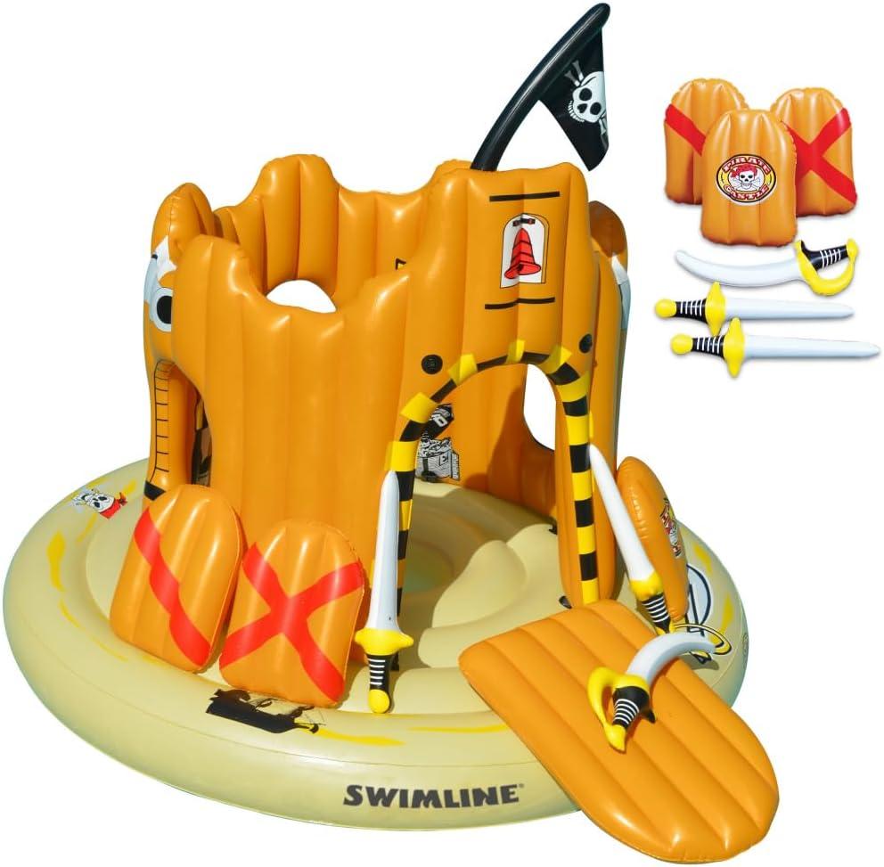 SWIMLINE Giant Inflatable Pirate Castle Pool Float For Kids And Adults Size| Floating Kingdom Raft Lounger Combo With Gate Shield Windows & Accessories For Pools Lakes Beach | Fits Up To 4 People