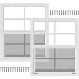 2 Pack 24" x 27" White Shed Window with Tempered Glass and Fiberglass Screen Household Sliding Windows with Srews for Shed, Chicken Coop, Playhouse, Garage and Barns