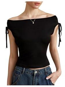 winkbay Women's Off The Shoulder Crop T Shirt Ruched Short Sleeve Y2k Going Out Tops Black, Medium
