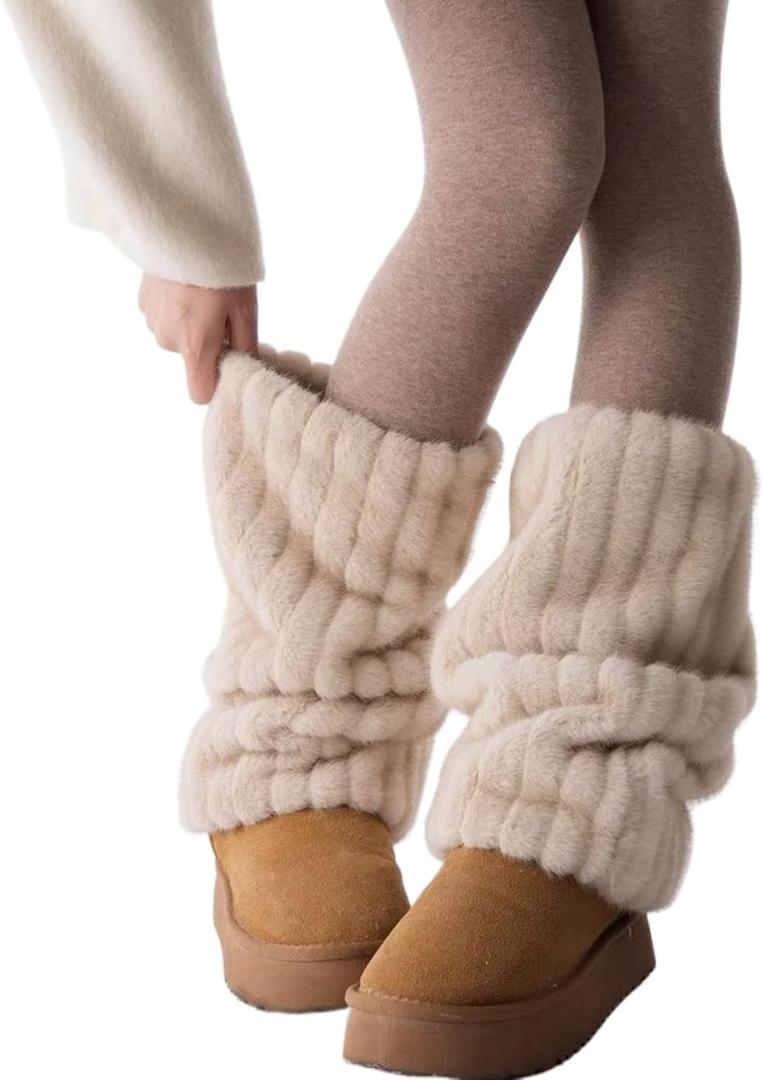 MANGMAO Fuzzy Leg Warmers Y2k Fairy Grunge Fur Leg Warmers Women Fluffy Cute Stocking Socks Aesthetic Accessories (Medium Length, Apricot)