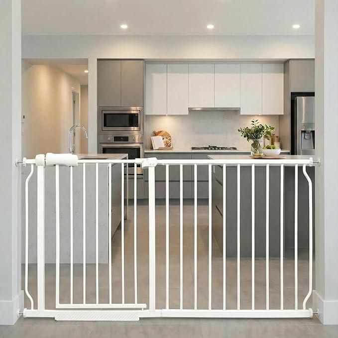 Extra Wide Baby Gate 57.5-62 Inch Black Walk THR Dog Gates Doorways House No Drill Pressure Mounted Auto Close Long Child Safety Gate for Kids and Pet