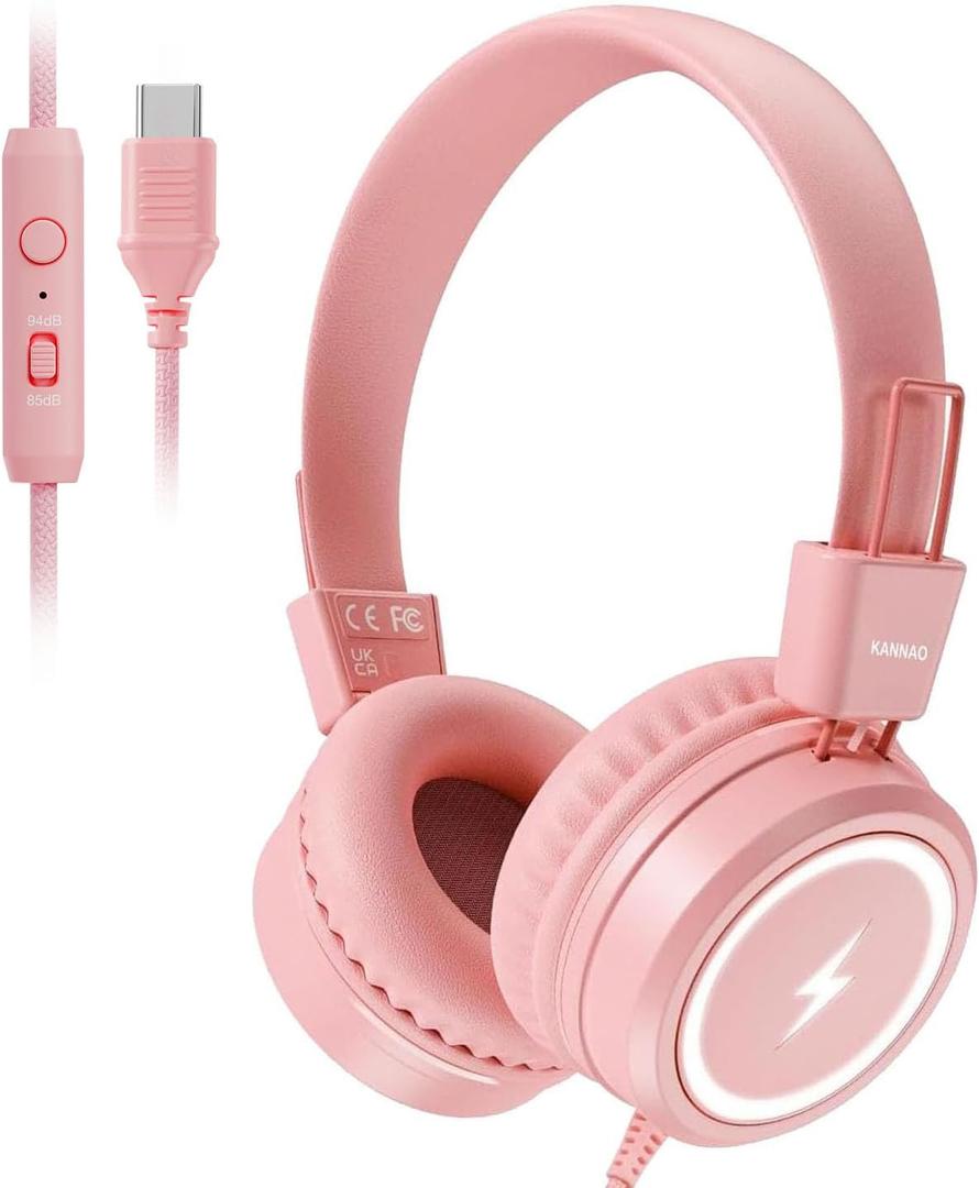 Kid Headphones for School, USB Type C Kids Headphone with LED Lights, Wired Boys Girls Headphones with Safe Limiter 85dB/94dB, Foldable On Ear Headphones with Microphones for Girls, Boys, iPad-Pink