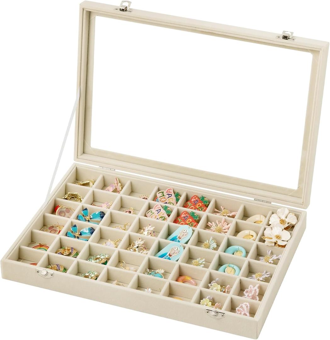 Frebeauty 48 Grid Jewelry Tray,Adjustable Earring Holder Organizer with Glass Lid,Velvet Drawer Jewelry Organizer for Rings,Studs,13.8 x 9.5 x 2 Inches Jewelry Display Box,Gift for Women(Beige)