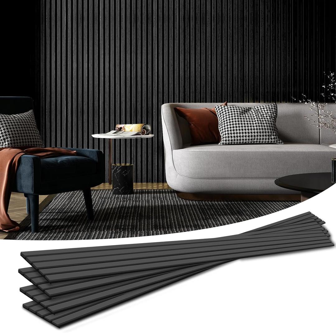 Art3d 4-Piece Wood Slat Acoustic Panels for Stylish Decor and Noise Reduction, 3D Textured Panel for Ceiling and Wall, Matte Black (4Pcs - 94.5 * 7.9 inch)