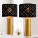 RORIANO Set of 2 Modern Table Lamps for Living Room Bedroom, Gold Nightstand Resin Lamps with Black Grid Shade, Contemporary Desk Lamps for Bedside End Tables, 2 Bulbs Included (Gold)
