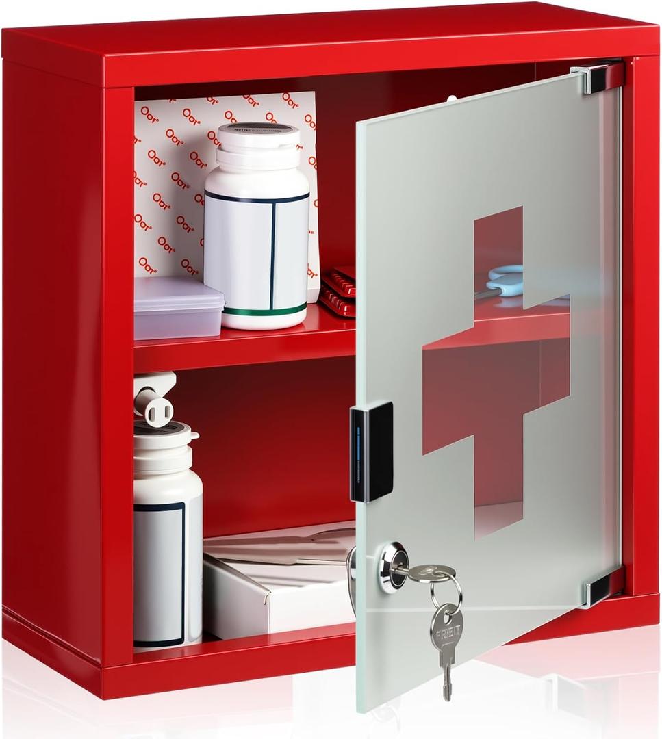 Timgle First Aid Wall Cabinet with Lock Medicine Wall Mounted Bathroom Storage Hanging Medical Cabinet with Safety Glass Door for Bathroom(2 Shelves,Red)