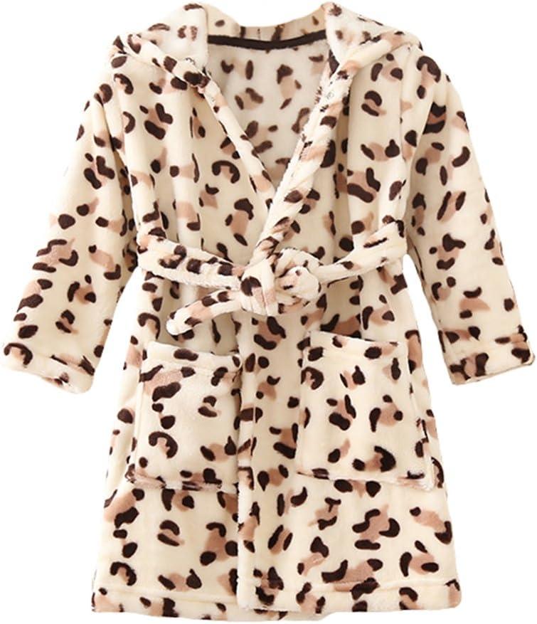YOLIA Boys Girls Robes Kids Hooded Sleepwear Soft Fleece Bathrobes Cute Housecoat Gowns (5T, Leopard)