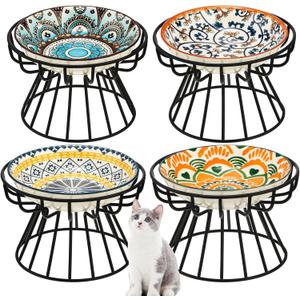 Mifoci 8 Pcs Bohemia Elevated Cat Bowls Set Include 5.5 Inch Raised Cat Food Bowls 4 Wide Pet Dishes with 4 Anti Slip Stand Ceramic Food Dish Elevated Plate for Pets Water Feeding(Mandala)