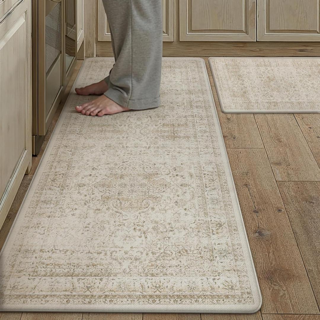 Vintage Kitchen Mats for Floor Anti Fatigue Waterproof Kitchen Rugs Sets of 2 Beige Cushioned Non-Slip Kitchen Mats Comfort Standing Mat for Sink Laundry Office 17.3"47"+17.3"30"