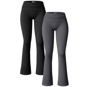 OQQ Women's 1 Piece Flared Pants Ribbed Fold Over Kick Ruched Stretch High Waist Casual Darkgrey Size M