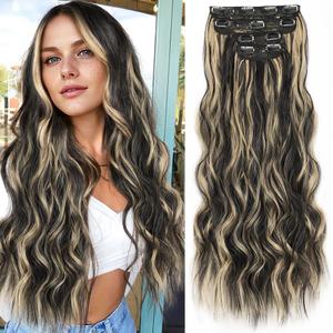 ALXNAN Clip in Long Wavy Synthetic Hair Extension 24 Inch Black with Blonde Highlights 4PCS Thick Hairpieces Fiber Double Weft Hair for Women
