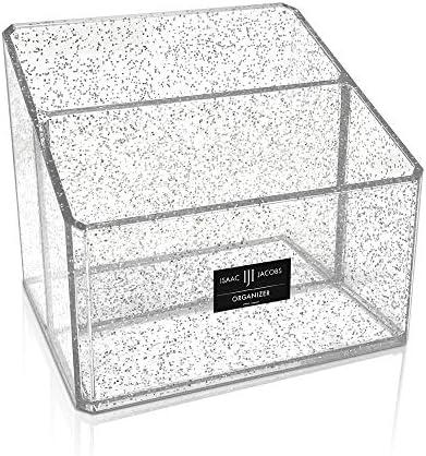 Isaac Jacobs Clear Acrylic 2-Section Organizer, Remote Holder & Multi-Functional Makeup, Brush, Pen & Pencil Storage Solution, for The Home, Bathroom, Office, Child’s Desk (2-Section, Silver Glitter)