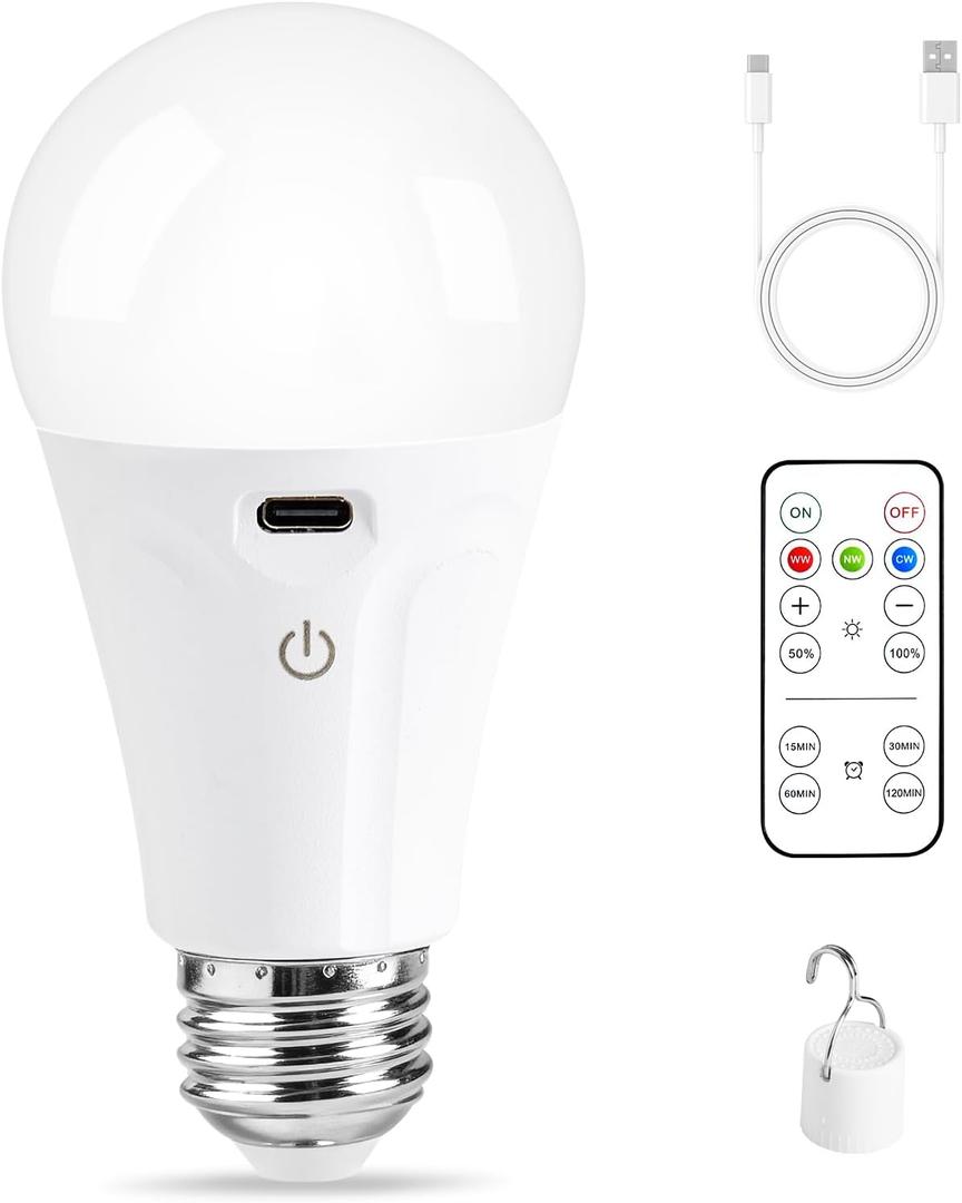 Rechargeable Light Bulbs with Remote Control and USB Charging; Dimmable Battery Operated Light Bulb with 3 Color and 4 Timer; A19 Wireless Light Bulbs for Wall Sconce Not-Hardwired, 1 Pack