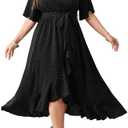 SCOMCHIC Women's Plus Size Summer Dresses Short Sleeve Wrap V Neck Swiss Dot Boho High Low Split Ruffle Maxi Dress, 1XL