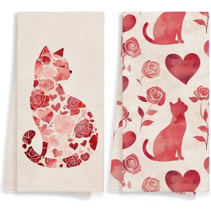Cat Kitchen Towels Set of 2, Cat Gifts for Women, Red Hearts Floral Hand Towel for Bathroom, Vintage Red and White Kitten Decorative Hand Tea Dish Towels for Kitchen Decor 16x24in