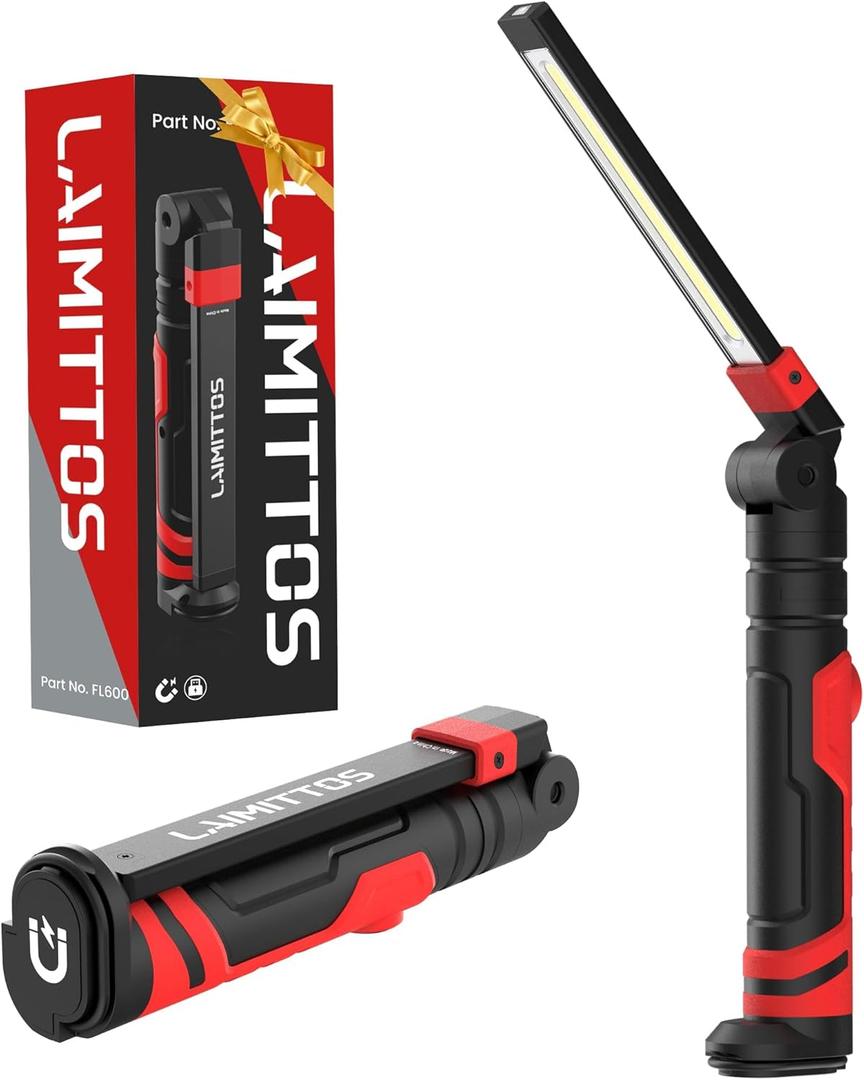 Rechargeable Work Light 2500mAh Magnetic LED Work Light Flashlight Mechanic Light Tool for Men Him, Foldable Lamp with Hook for Car Repair Emergency BBQ Grill, Red